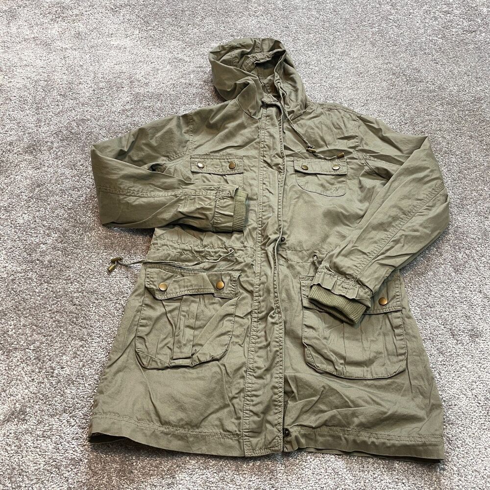 Suzy Shier Jacket Womens Small Olive Green Full Zip Snap Button Hooded Pockets